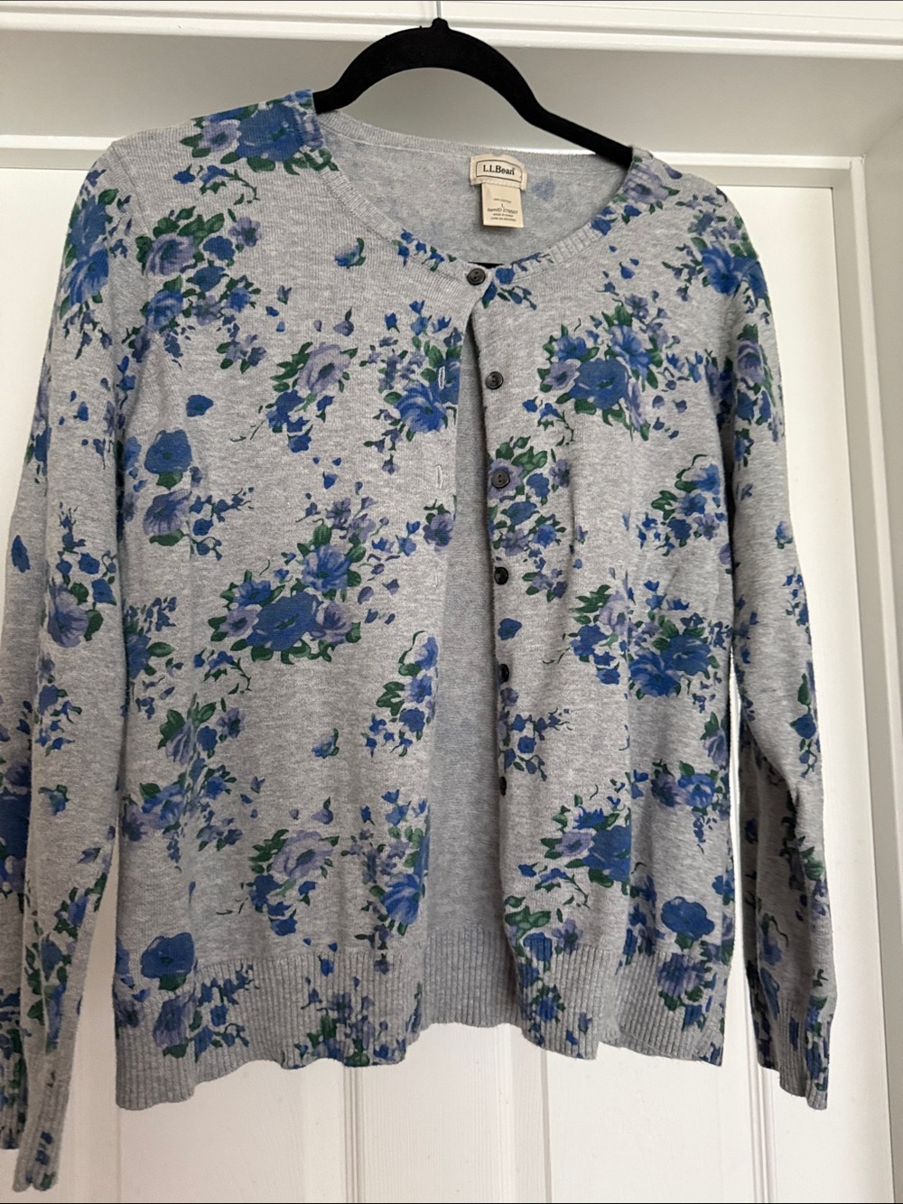 L.L. Bean Gray Cardigan Sweater with Blue and Green Floral Print